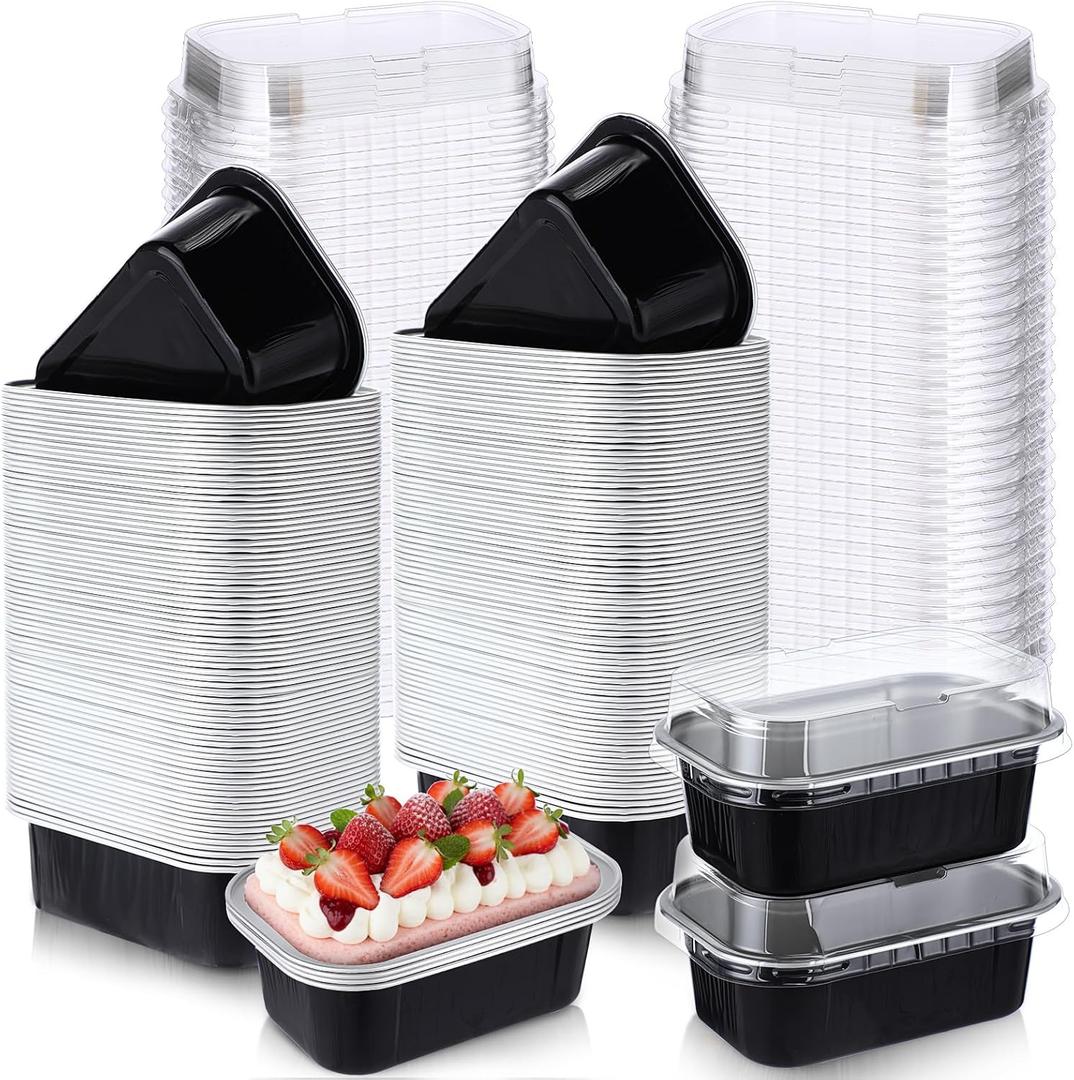 Vesici 100 Sets Valentines Mini Loaf Pans with Lids, 5.7 oz Disposable Aluminum Foil Baking Cups, Rectangle Cake Pans for Pudding Desserts Muffin Baking Storage Valentines Birthday Party(Black Silver)