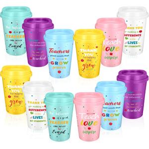 12 Pack Teacher Appreciation Gifts in Bulk, 12oz Teacher Cups with Lids Reusable Plastic Coffee Cups Tumblers Inspirational Thank You Gifts for Women, Men, Coworker, Staff, Graduation