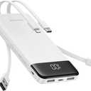 Charmast Portable Charger with Built in Cables, 10000mAh Slim Power Bank, 15W USB C in&Out Port High Speed Charging External Charger, Battery Pack Compatible with iPhone 16 15 13 Samsung Google iPad (white)