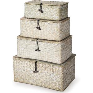 Woanger Set of 4 Wicker Storage Baskets OrganizerHandwoven Storage Bins with Lid for Organizing, Home Utility Box for Home Office Supplies Multipurpose Container(White)