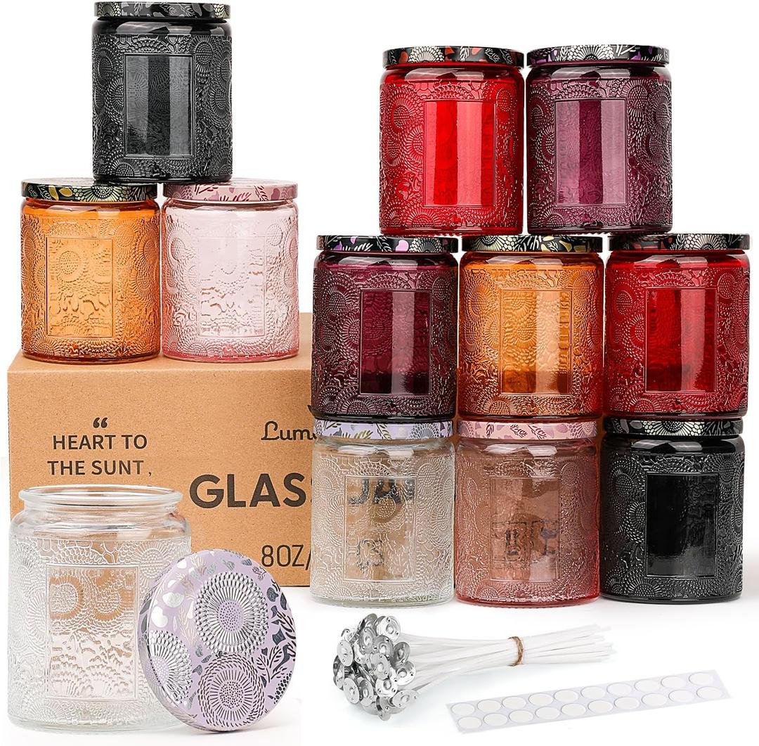 LumaCraft Luxury Embossed Glass Candle Jars for Making Candles - 12 Pack Empty Candle Containers with Airtight Metal Lids, 20 Wicks & 20 Stickers, Colored Glass Jars for Gifts & Decor-8OZ