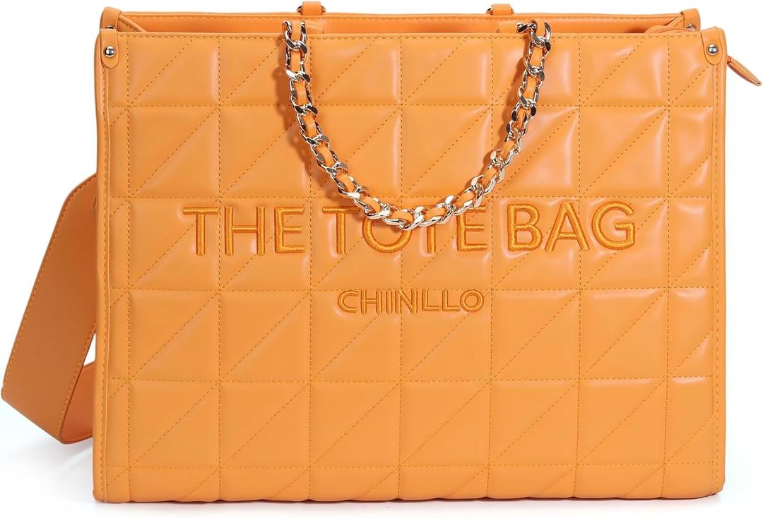 Chinllo Tote Bag for Women Top Handle Satchel Purse and Handbags with Shoulder Strap (Medium 14 IN, Orange-2-quilted)