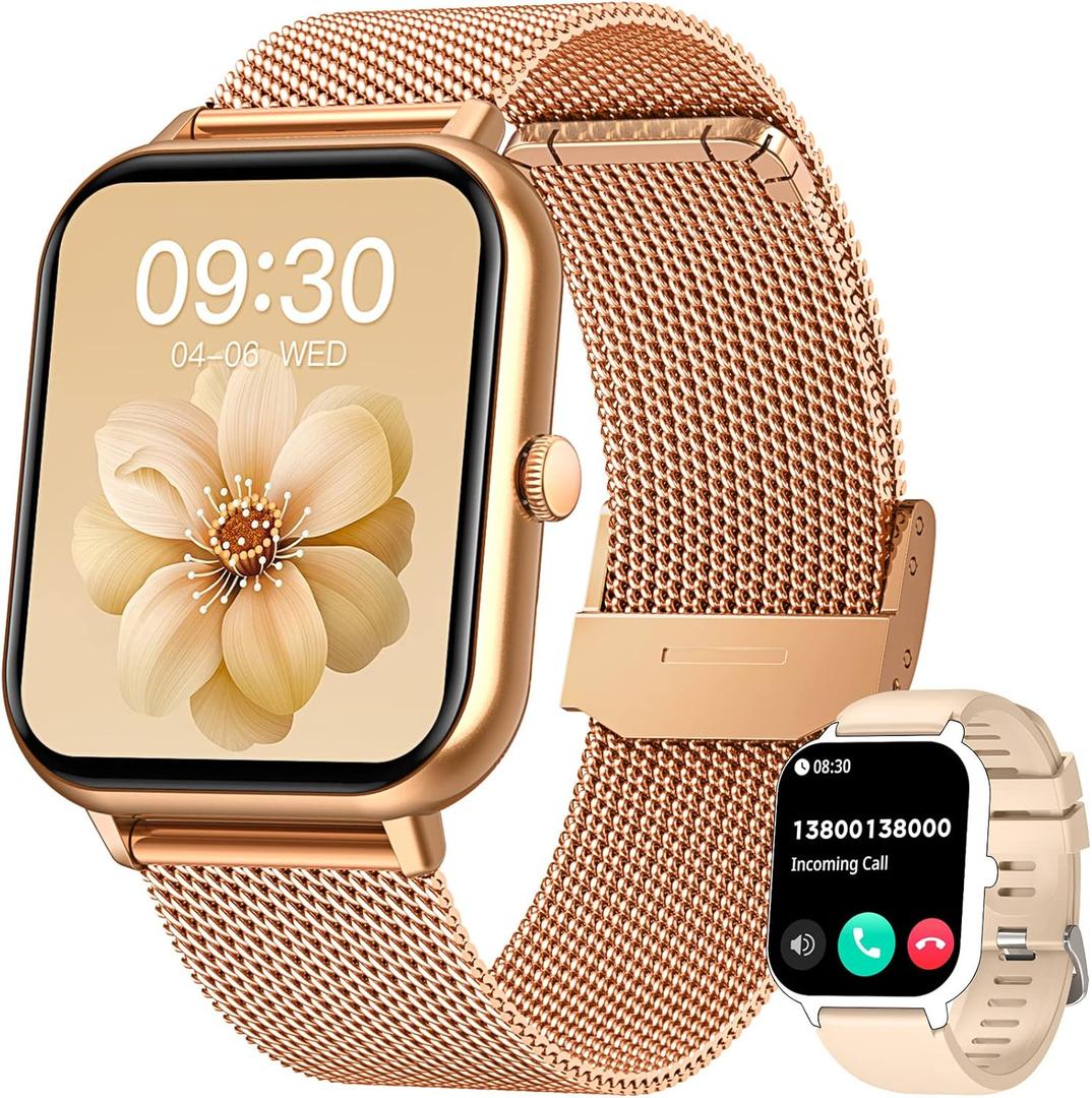 Smart Watch for Women Fitness Tracker: 1.83 Inch Bluetooth Call Smartwatch with Blood Oxygen Blood Pressure Monitor Compatible with Android Ios 100+ Sport Mode Heart Rate Steps Counter Waterproof Ip67 (Gold)
