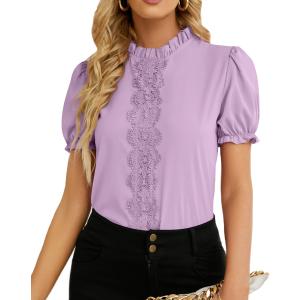 Rooscier Women's Lace Ruffle Puff Short Sleeve Frill Mock Neck Elegant Office Blouse (Large, Light Purple)