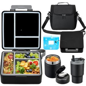 Bento Lunch Box for Kids with 17oz Soup Thermo,Insulated Tumbler Water Bottle and Insulated Lunch Bag,Leak-Proof 3 Compartment Lunch Food Container with Ice Pack for Kids to School-Black