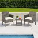 FDW | 3-Piece Patio Furniture Set | Gray & Khaki | Outdoor Wicker Furniture with Coffee Table | Modern Rattan Chairs Conversation Set | Outdoor Seating | Weather-Resistant | for Porch, Garden, Lawn