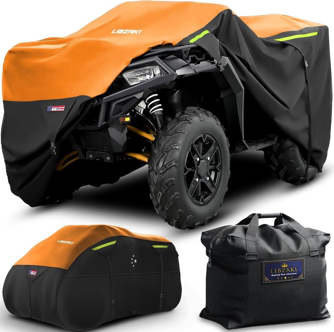 600D ATV Cover Waterproof Heavy Duty Trailerable 4 Wheeler Cover Quad Cover All Season Weather Proof Outdoor UV Protection for Polaris Kawasaki Yamaha Suzuki Can-Am Black/Orange-M