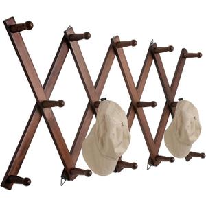 16 inch High Accordion Wall Hanger with 14 Hooks, Wooden Wall Expandable Coat Rack for Coat, Hats, Baseball Caps, Coffee Mug, Jewelry (Brown)
