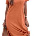 Dyexces Women Summer T Shirt Dress Casual Short Sleeve V Neck Maxi Dresses Loose Side Slit Long Tshirt Dress with Pockets, Small