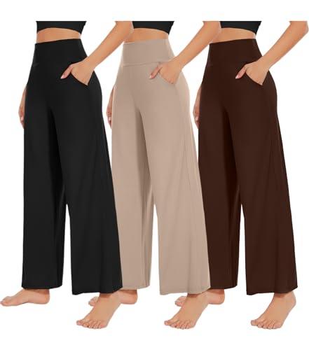 NEW YOUNG 3 Pack Women's Wide Leg Pants with Pockets High Waist Loose Sweatpants Casual Lounge Yoga Workout Palazzo, L