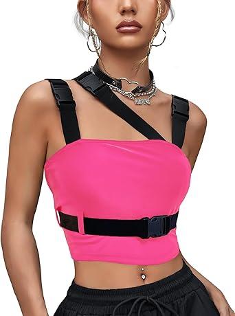 CYCLAMEN Women's Buckle Tank Tops Sleeveless Tube Crop Cami Tops Rave Gothic Punk Streetwear Shirt, Pink, Large
