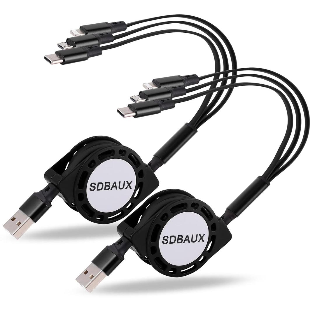 SDBAUX Multi Charging Cable,USB A to 3 in 1 Retractable IP/Type-C/Micro Port Fast Charger Cord for iPhone 16 15 14 13 12 Pro Max Mini,Galaxy S24/S23,Cell Phones Tablets Universal Use (2Pack/Black)