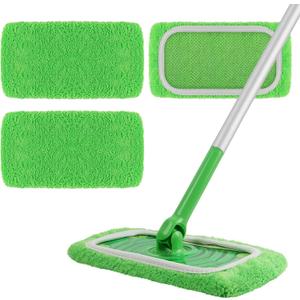 Reusable 100% Coral Fleece Mop Pads Compatible with Swiffer Sweeper, 3 Pack Wet and Dry Flat mop Cover, Washable Wet Pads Refill for Surface/Hardwood Floor Cleaning (Mop is Not Included) (A-green 3 Pack)