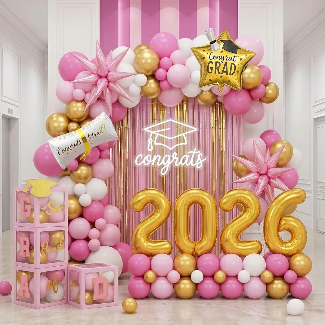 Pink and gold Graduation Decorations 2026 Set of 4 GRAD Balloon Boxes with Balloon Arch Garland Kit mylar balloons shimmer Fringe Curtain So Proud of You 2026 prom Graduation Decorations