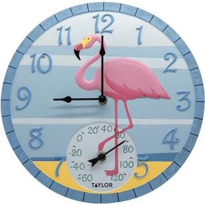 Taylor Flamingo Poly Resin Indoor and Outdoor Clock and Thermometer, Wireless Thermometer with Easy to Read Large Numbers for Patio, Pool, and Indoor Areas, 14-inch, Multi-Color