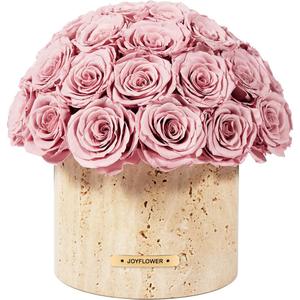 JoyFlower Preserved Flowers Vase, Yellow Travertine Vase with Forever Flowers Decor for Table Centerpieces, Pink Eternal Flower Vase Decorations for Party Home Living Room Bedroom House Coffee Shop