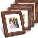 Hongkee 6x6 Picture Frame Set of 4, Made of Glass and Rustic Brown Wooden Frame - Display Picture 4x4 with Mat or 6 x 6 Without Mat, 6x6 Photo for Wall or Tabletop