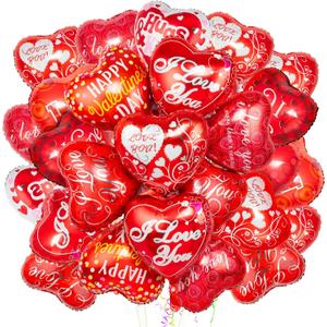 36 Pieces Heart Balloons, Happy Red Valentines Day Balloons, I Love You Foil Mylar Balloon for Special Night Party Decorations