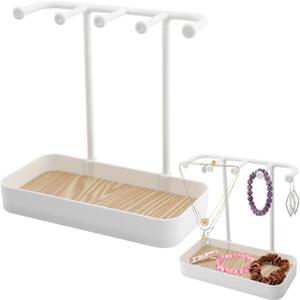 Jewelry Organizer Stand Necklace Holder, Jewelry Rack with Wooden Tray, 5 Hooks Necklaces Hanging Small Jewelry Display Storage for Bracelets Earrings Rings Watches(white)