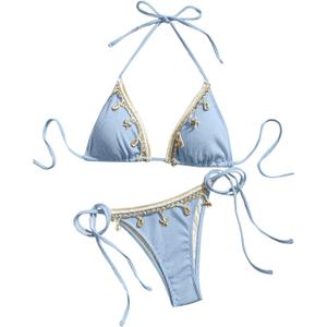Verdusa Women's 2 Piece Sexy Halter Triangle Bikinis Thong Tie Boho Seashell Bikini Sets Swimsuits Swim Bathing Suit (M)