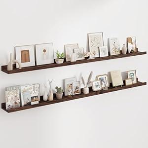 Floating Picture Ledge Shelves 24 Inch Solid Oak Wood Set of 2, Rustic Wall Storage Shelves with Lip, Kids Bookshelf, Photo & Picture Ledge Shelves for Bedroom, Living Room, Kitchen (White)