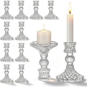 AVLA 12 Pack Crystal Candle Holders, Clear Taper Candlestick, Thick Glass Candle Stand, Small Centerpiece for Table, Wedding, Party, Church, Windowsill Decor, Home Decoration, Diamond Pattern