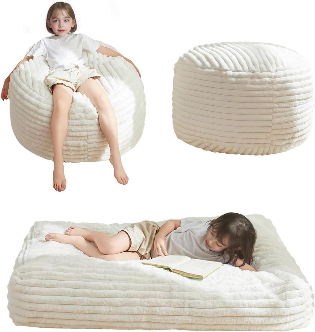 MAXYOYO Kids Bean Bag Chair Bed, Convertible Children Chair to Floor Mattress with Filler, Faux Fur Bean Bag Bed Stuffed Child Sofa Couch for Girl Boy Sleeping, Machine Washable Cover, Beige (Standard, Plush Corded - Beige)