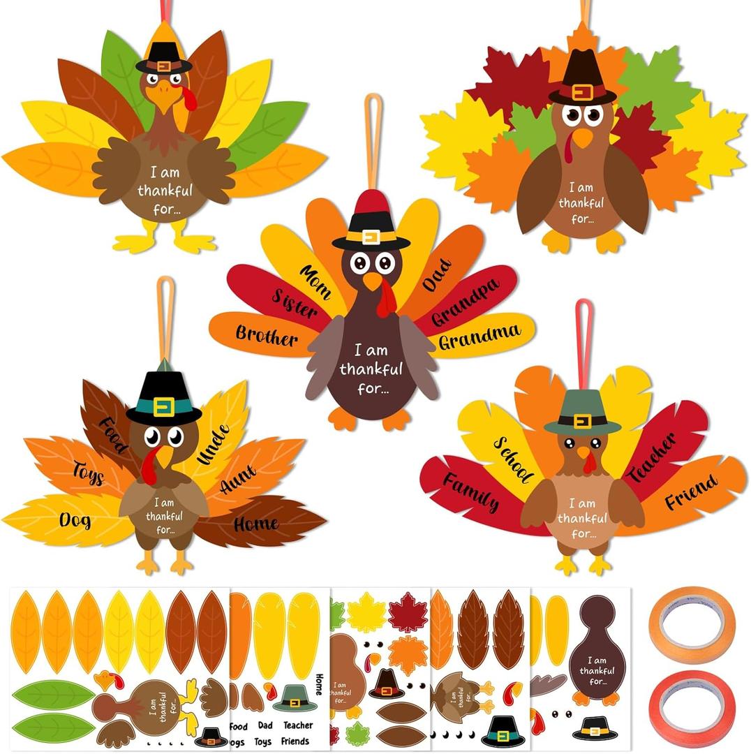 25Set Thanksgiving Crafts for Kids Make A Thankful Turkey Hanging Ornament DIY Fall Turkey Stickers Kit for Kids Thankful Art Project Activity Thanksgiving Party Favor Classroom Home Decoration