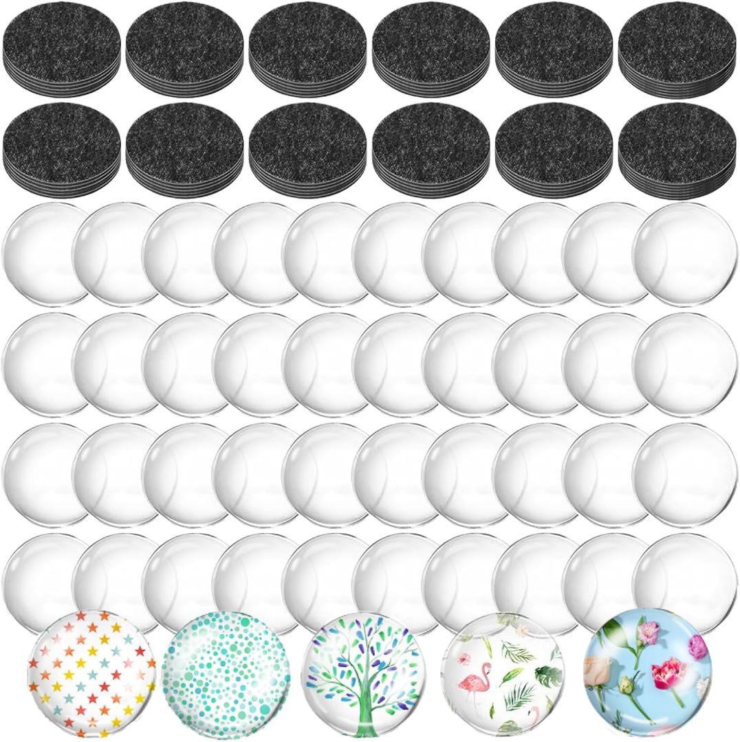 Generic 100Pcs Craft Magnets Glass Ceramic Ferrite Magnet with Adhesive Backing and Transparent Clear Glass Cabochons for DIY Craft Fridge Refrigerator Magnets (50 Sets,1nch)