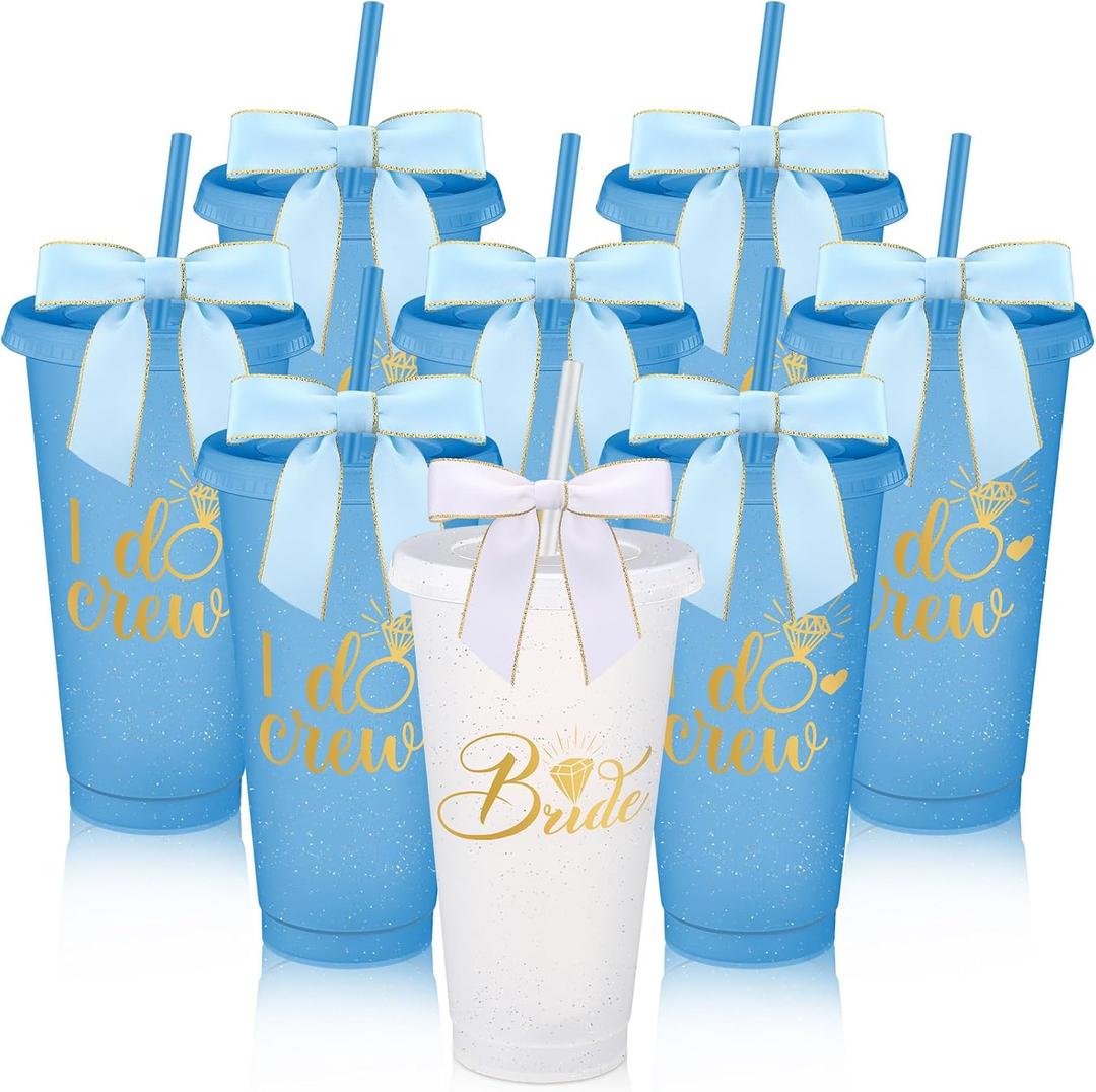 8 Pcs Bridesmaid Plastic Tumbler with Straw Lid and Twist Bow 24 oz I Do Crew and Bride Reusable Tumbler Bridal Party Proposal Gifts Bachelorette Party Gifts for Wedding Bridal Bridesmaid(Light Blue) (EXP 09/13/28)
