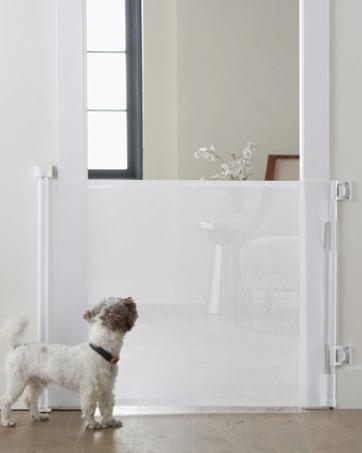 Cumbor 2-Pack Retractable Baby Gates for Stairs, 55" Wide Soft Mesh Pet Gate for Dogs with One Hand Opening, 34" Tall Toddler Gate with Top Lock for Bedroom, Doorways, Indoor/Outdoor, White 