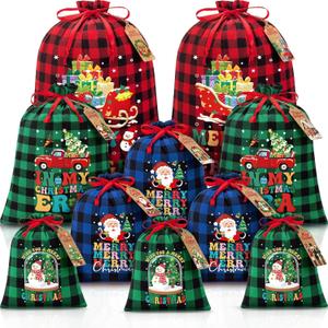 10 PCS Christmas Drawstring Gift Bags with Tags, Buffalo Plaid Xmas Gift Bags Assorted Sizes Bulk, Cotton Fabric Holiday Gift Bag  for Xmas Presents Decor Party Favors