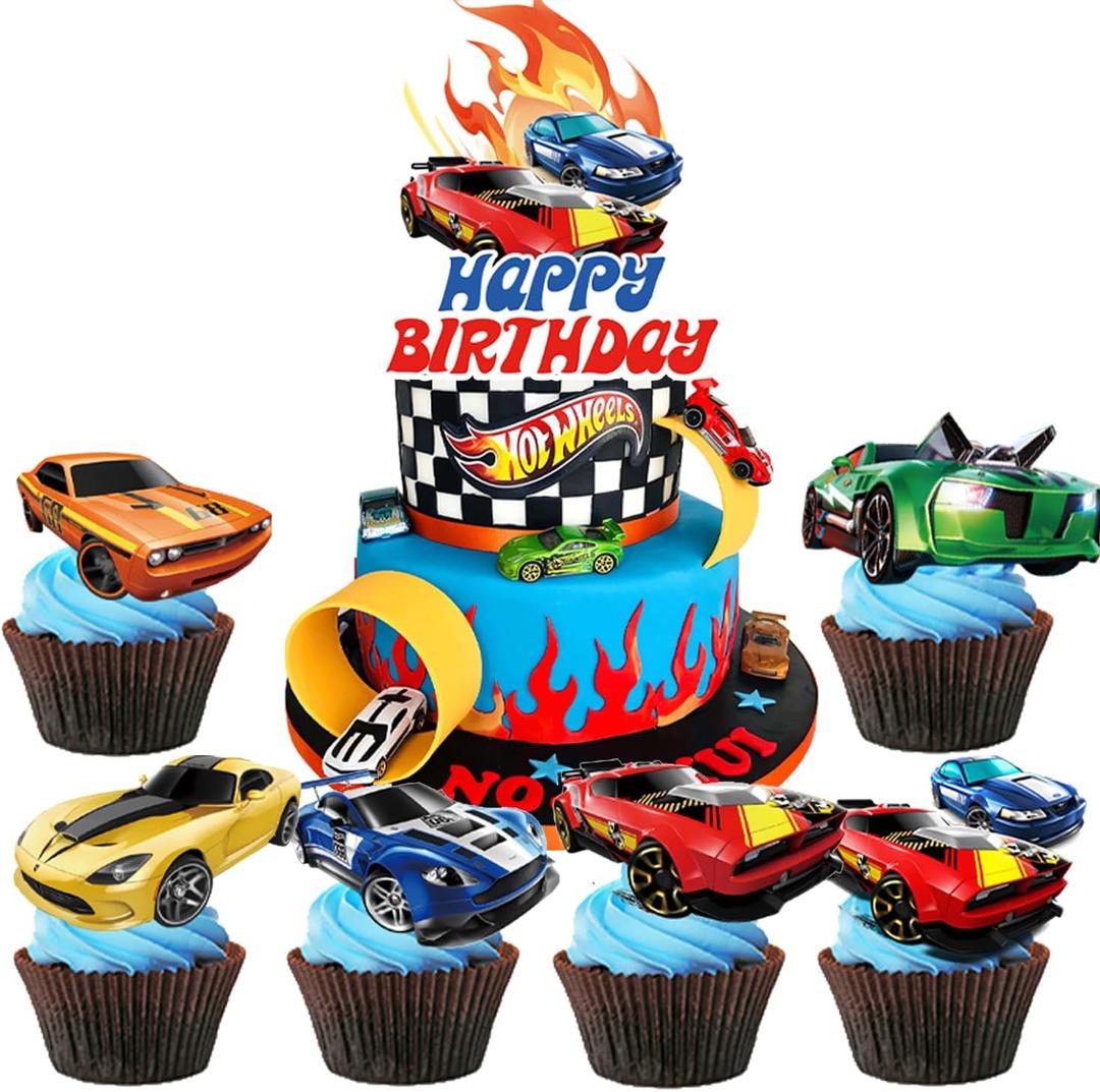 25PCS Hot Car Birthday Decorations for Boys Cake Toppers Race Car Cake Topper Happy Birthday Cupcake Toppers