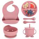 Silicone Feeding Set|Baby Led Weaning Supplies|Suction Plate Bowl Set with Bib, Spoon, Fork, Sippy Cup|Feeding Eating Supplies BPA Free (Dark Pink)