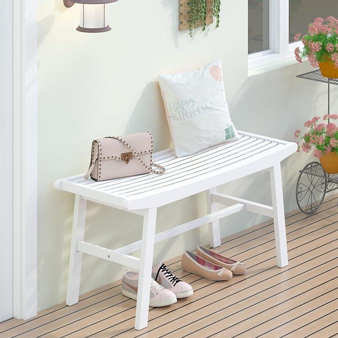 Bamboo Dining Bench Indoor Long Bench Sturdy & Comfortable Indoor Storage Bench Durable Slat Woven Design Modern Entryway Seating for Hallway (White, 1 Tier)