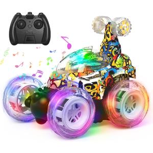 Kizeefun Remote Control Car for Kids RC Stunt Car Invincible 360Rolling Twister with Colorful Lights & Music Rechargeable Remote Control Car Toy for Boys and Girls (Abstract Camouflage)