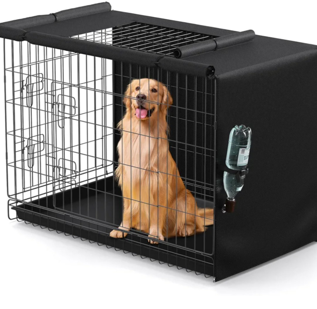 BROSYDA Dog Crate Cover - Privacy Kennel Cover Fits 42 inch Double Door Wire Crate, Heavy Duty 600D Oxford Fabric Dog Cage Cover with Top Window and Drinking Hole Design, Black, (Cover only)
