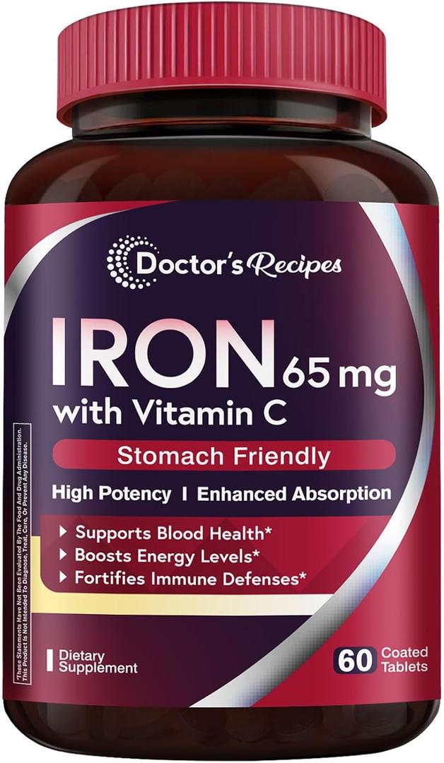 Doctor's Recipes Iron Supplement 65 mg with Vitamin C - Maximized Absorption & Stomach Friendly Iron Pills for Red Blood Cells Formation, Heart, Brain & Immunity Health - Vegan Non-GMO 60 Iron Tablets (EXP 06/01/27)