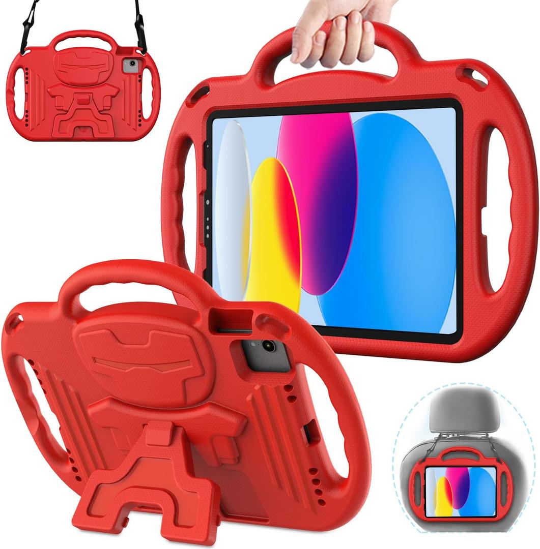 AVAWO Kids Case for iPad (A16) 11th Generation 11 Inch 2025 & iPad 10th Generation 10.9" 2022, iPad Air (M3/M2) 2025/2024 Shockproof Rugged Protective with Shoulder Strap/Handles/Kickstand Cover, Red