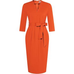 GRACE KARIN Womens Work Dresses V Neck 3/4 Sleeve Back Zipper Tie Waist Bodycon Dress Office Cocktail Dress with Pockets (XX-Large, Orange)