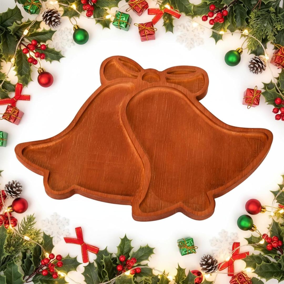 Maxcheck Bell Christmas Serving Tray Platter Charcuterie Board Christmas Wood Serving Dish Cutting Board Rustic Farmhouse 11.42 x 10.43 Inches Table Plate for Cheese Food Fruit Party