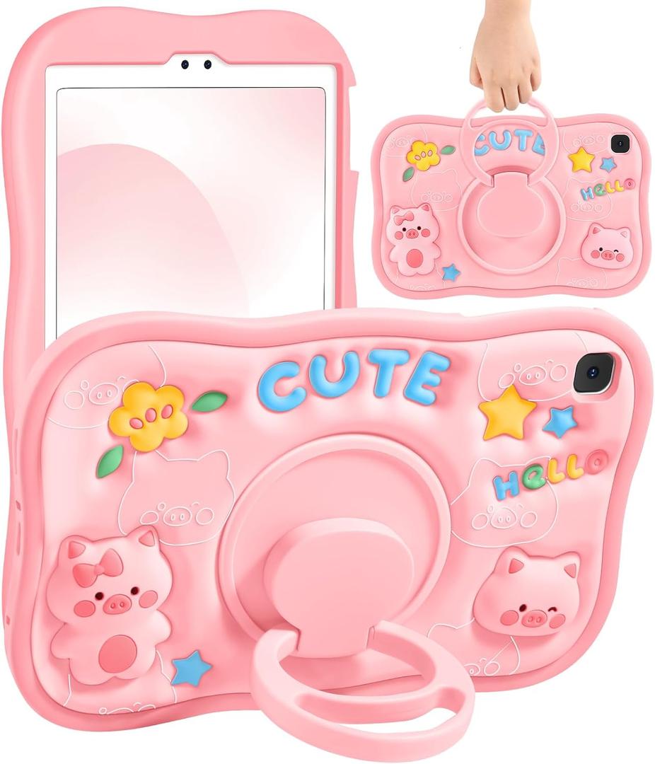 Samsung Galaxy Tab A7 Lite Case 8.7 - Cute Girls Kawaii Women Girly with 360 Degree Rotating Handle Pig Pretty Silicone 3D Design for Galaxy A7 Lite Table Cases 2021 SM-T220/T225/T227
