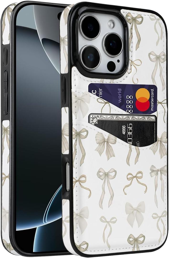 for iPhone 16 Pro Max 6.9 inch Case with Card Holder Soft Leather Wallet Case Protective Shockproof Hard Cover for Women Man (Pastel Ribbon Bow, iPhone 16 Pro Max 6.9 inch)