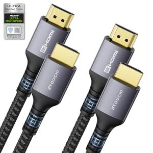 Stouchi 8K HDMI Cable 2-Pack 10FT (Certified) 48Gbps Ultra High Speed HDMI Cable 8K60Hz 4K120Hz 144Hz, SBTM eARC HDR10 Dynamic HDR DTS:X HDCP 2.2&2.3 Compatible with PS5/Roku TV/HDTV/Blu-ray