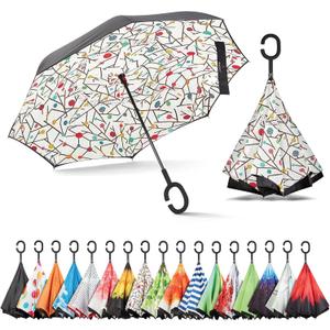 Sharpty Inverted, Windproof, Reverse Umbrella for Women with UV Protection, Upside Down with C-Shaped Handle (White floral)