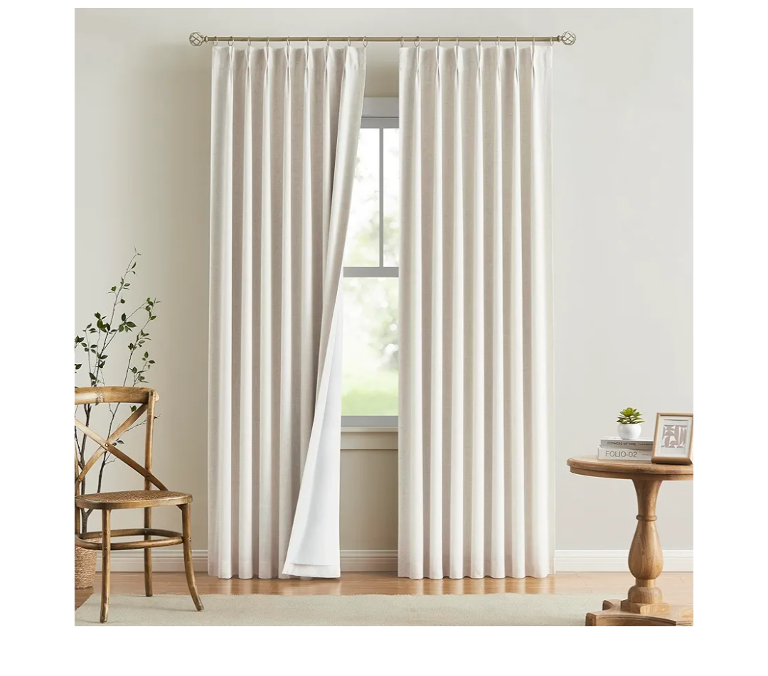 Vision Home Natural Pinch Pleated Full Blackout Curtains Linen Blended Room Darkening Window Curtains 90 inch for Living Room Bedroom Thermal Insulated Pinch Pleat Drapes with Hooks 2 Panel 40"Wx90"L