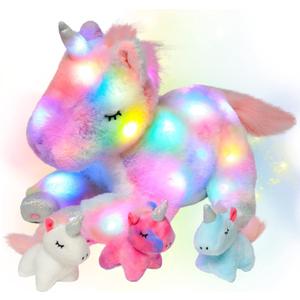 Hopearl LED Plush Unicorn Lighting Up Stuffed Mommy Unicorn with 3 Baby Unicorns in her Tummy Stuffed Animal Playset Night Lights Glow in The Dark for Mom Toddler Girls, Rainbow, 19''