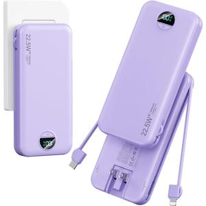 Ultra-Portable-Charger-Power-Bank with Built in Cables&AC Wall Plug,12000mAh PD20W USB-C Fast Charging Cell Phone Charger Battery Pack,LED Display Travel Battery Bank for All iPhone,Samsung,Android (Purple)
