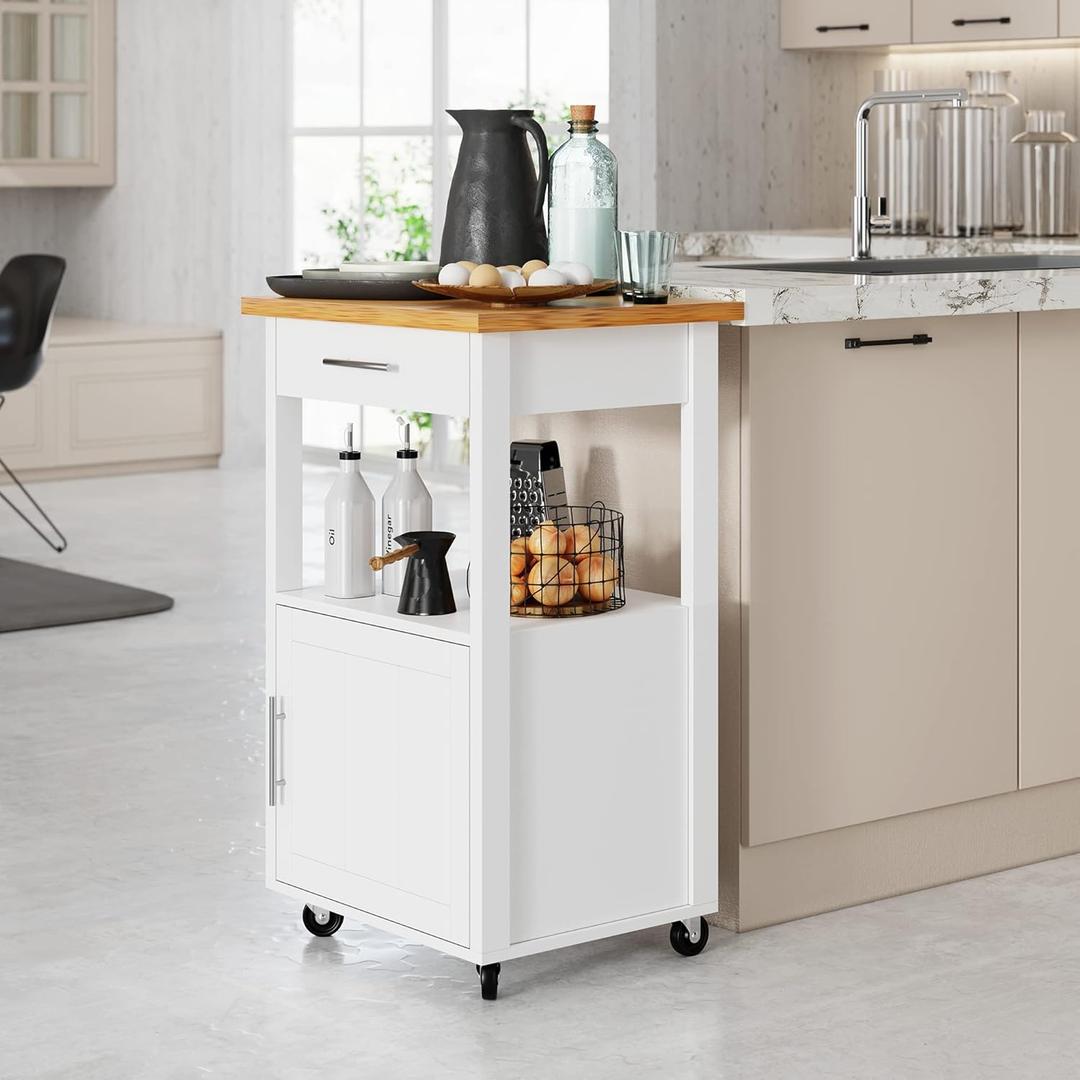 Shintenchi Kitchen Island Cart with Storage,Rolling Side Table on Wheels with Worktop,Single Door Cabinet and Drawer for Dinning Room, White (22inch)
