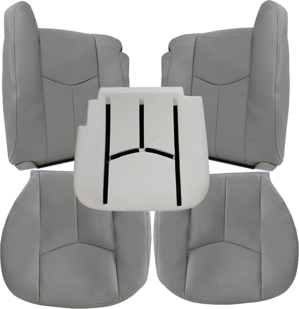 Driver & Passenger Bottom and Top Lean Back Seat Covers & Foam Cushion Gray #922 or 92i Compatible with Chevy Silverado Suburban Avalanche GMC Sierra Tahoe Yukon 2003 2004 2005 2006